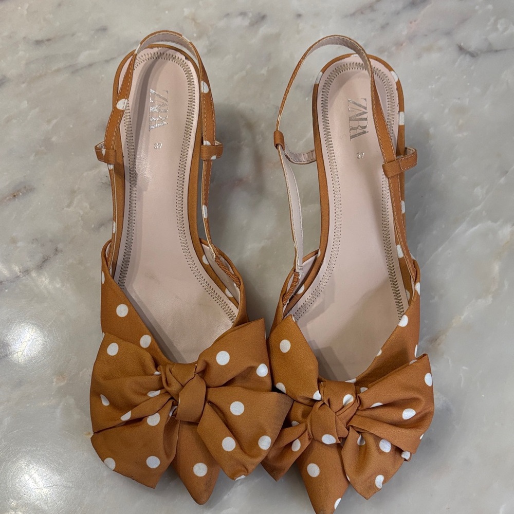 Zara Mustard Polka Dot Bow Slingback Heels